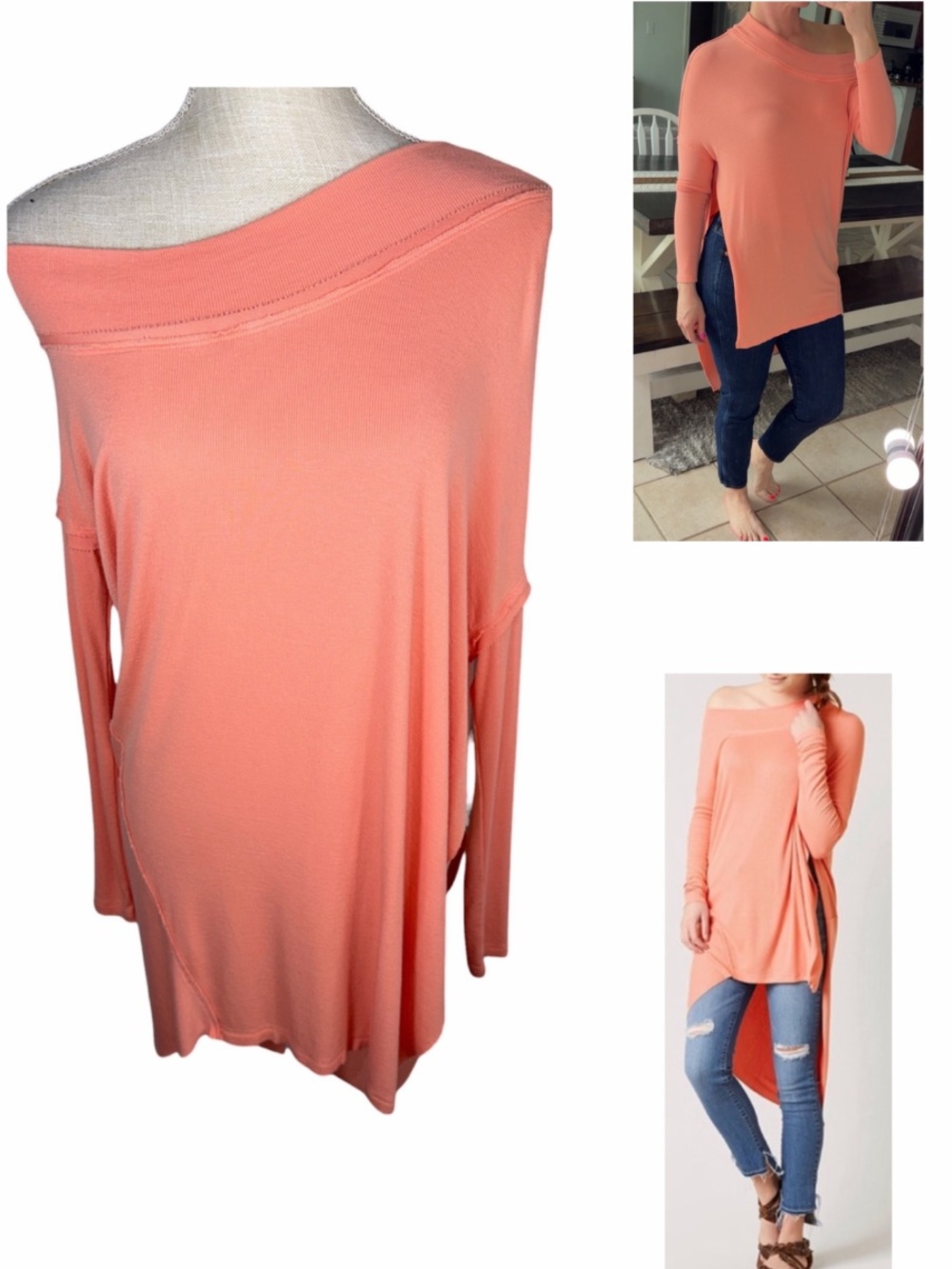 We The Free Free People Coral Orange Grapevine Asymmetrical Tunic Top